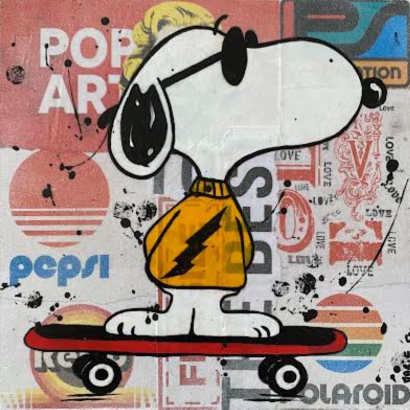 Gemälde F2 Snoopy vintage von Marie G.  | Gemälde Pop-Art Pop-Ikonen Holz Acryl Collage