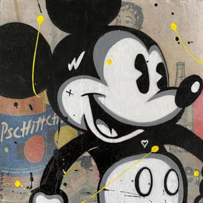 Painting F2 Mickey heureux by Marie G.  | Painting Pop-art Pop icons Wood Acrylic Gluing
