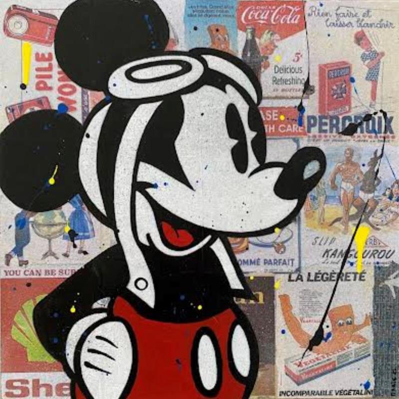 Gemälde F4 Mickey aviateur von Marie G.  | Gemälde Pop-Art Pop-Ikonen Holz Acryl Collage