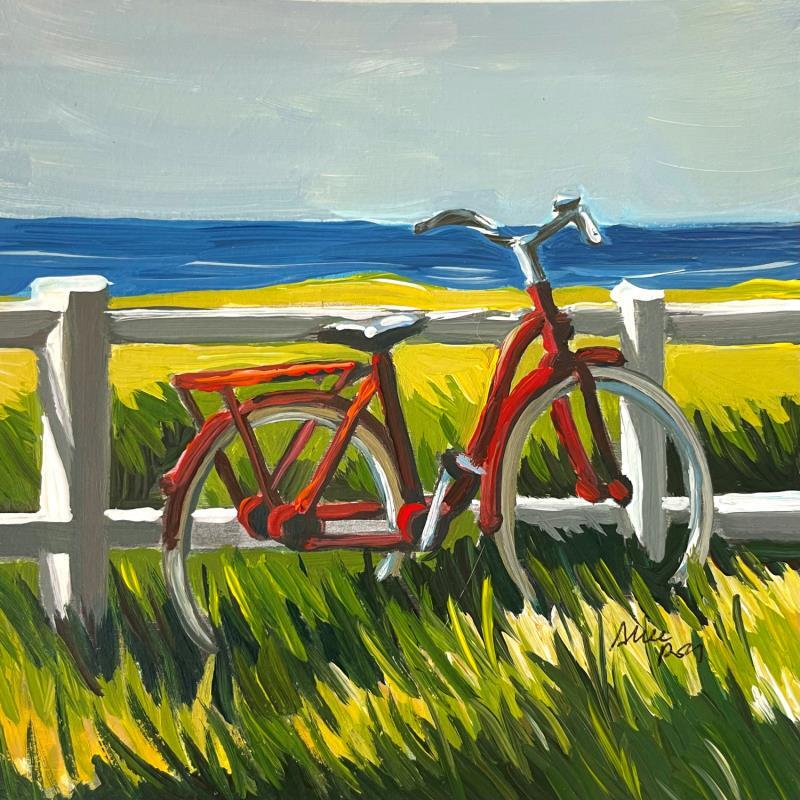 Painting Le vélo rouge by Alice Roy | Painting Figurative Landscapes Marine Oil