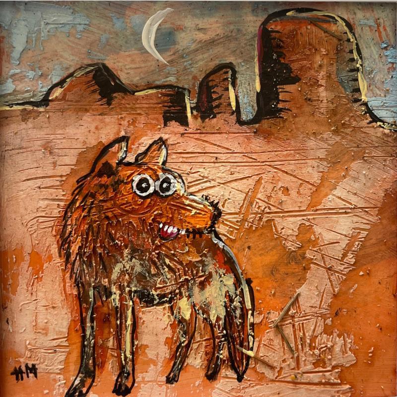 Peinture Coyote at Night par Maury Hervé | Tableau Art Singulier Animaux Encre Sable