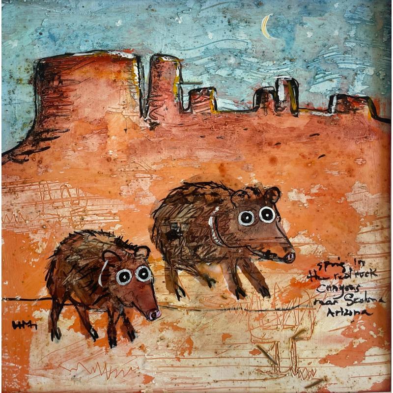 Painting Javelinas at night in Arizona by Maury Hervé | Painting Raw art Ink Animals