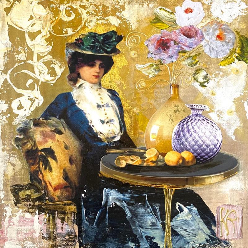 Gemälde L’attente von Romanelli Karine | Gemälde Figurativ Porträt Alltagsszenen Acryl Collage Posca Pastell