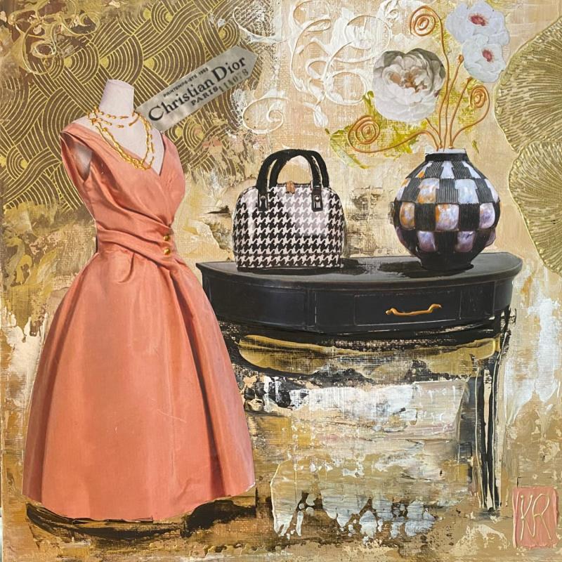 Gemälde L’élégante en rose  von Romanelli Karine | Gemälde Figurativ Porträt Alltagsszenen Acryl Collage Posca Pastell Papier