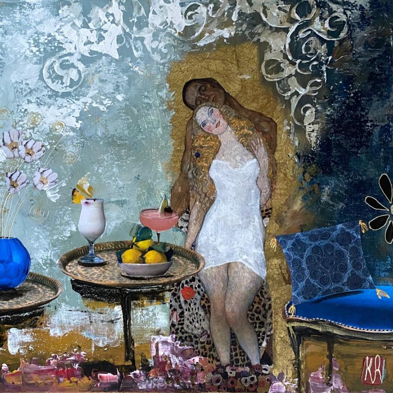 Gemälde La robe blanche  von Romanelli Karine | Gemälde Figurativ Acryl, Collage, Papier, Pastell, Posca Alltagsszenen