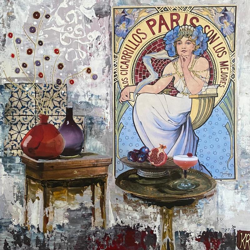Gemälde Le jus de la grenade  von Romanelli Karine | Gemälde Figurativ Acryl, Collage, Papier, Pastell, Posca Alltagsszenen