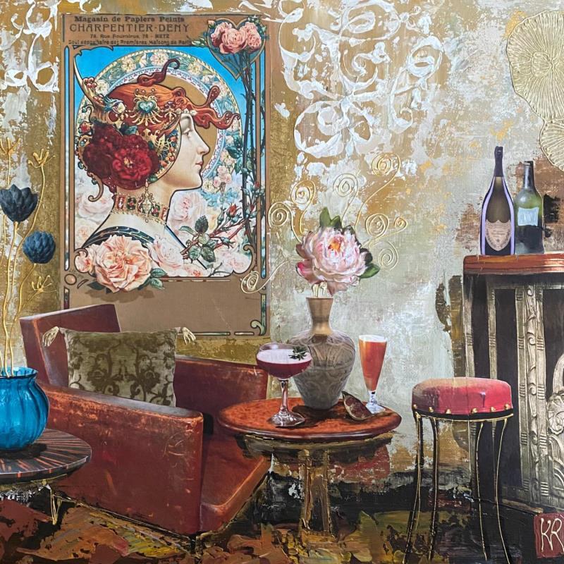 Gemälde Les cocktails du soir  von Romanelli Karine | Gemälde Figurativ Porträt Alltagsszenen Acryl Collage Posca Pastell Blattgold Papier