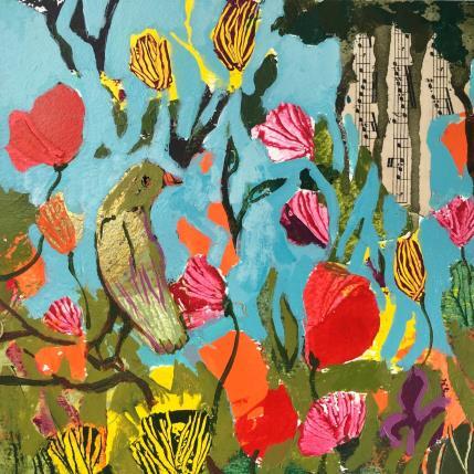 Gemälde L’oiseau parmi les fleurs 2  von Bertre Flandrin Marie-Liesse | Gemälde Figurativ Acryl, Collage Natur, Pop-Ikonen, Tiere
