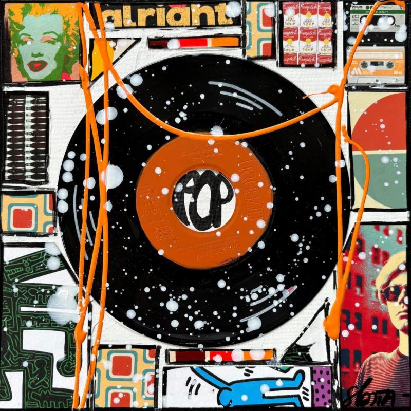 Painting POP VINYLE (orange) by Costa Sophie | Painting Pop-art Pop icons Acrylic Gluing Upcycling