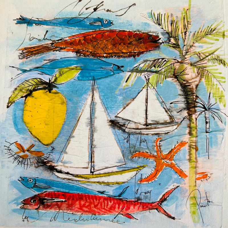 Gemälde Au bord de l'eau von Colombo Cécile | Gemälde Naive Kunst Marine Natur Stillleben Aquarell Acryl Collage Tinte Pastell