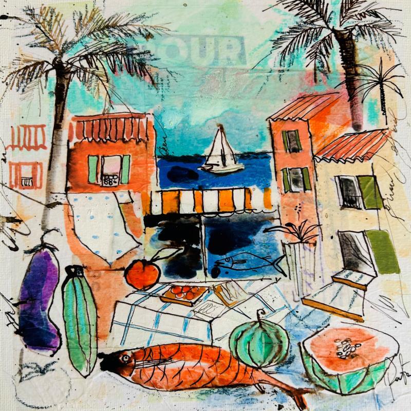 Gemälde L' heure du marché von Colombo Cécile | Gemälde Naive Kunst Landschaften Alltagsszenen Aquarell Acryl Collage Tinte Pastell