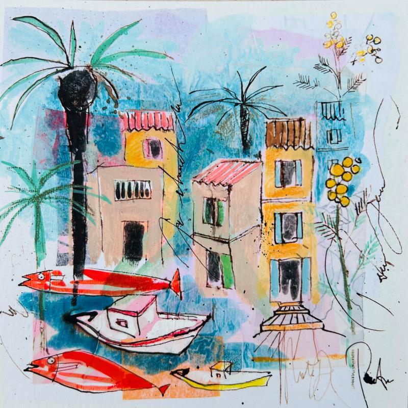 Gemälde Les mimosas von Colombo Cécile | Gemälde Naive Kunst Acryl, Aquarell, Collage, Pastell, Tinte Alltagsszenen, Landschaften, Pop-Ikonen