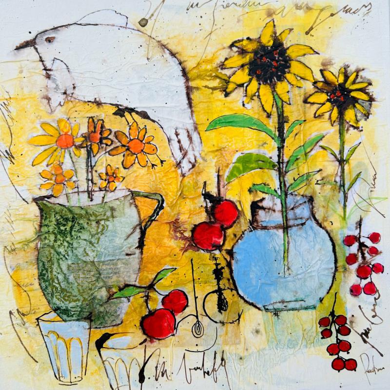 Painting Les 2 tournesols by Colombo Cécile | Painting Naive art Still-life Watercolor Acrylic Gluing Ink Pastel