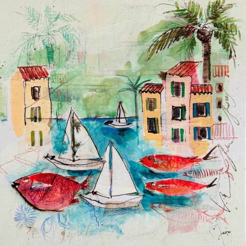 Peinture Village lumière par Colombo Cécile | Tableau Art naïf Acrylique, Aquarelle, Collage, Encre, Pastel Paysages, Scènes de vie