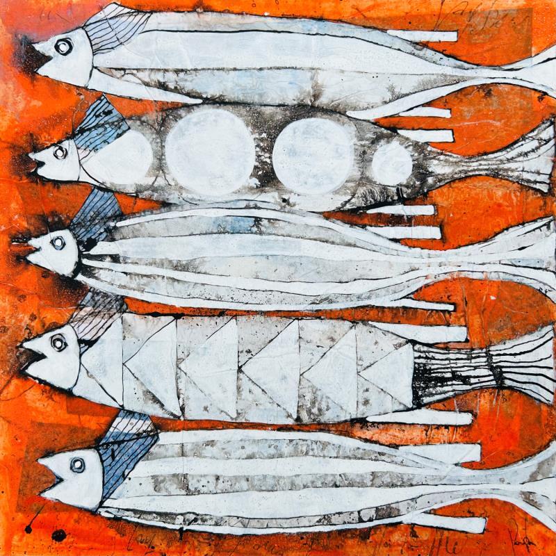 Painting Orange fish by Colombo Cécile | Painting Naive art Animals Watercolor Wood Acrylic Gluing Ink Pastel