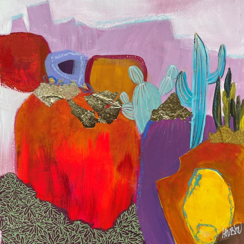 Peinture Balade dans les cactus par Lau Blou | Tableau Abstrait Acrylique, Collage, Feuille d'or, Pastel Paysages