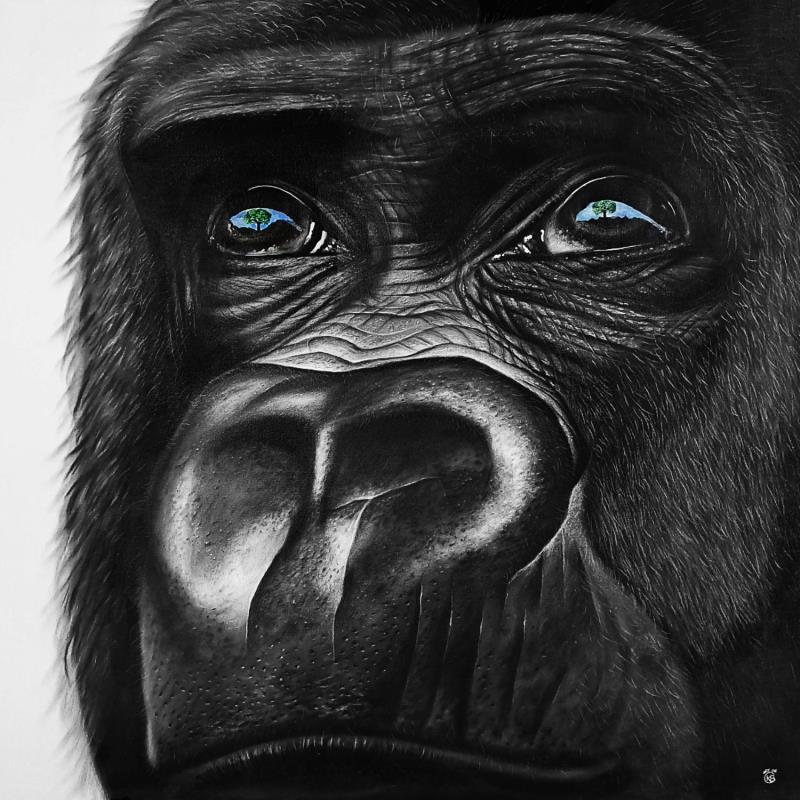 Gemälde Gorille II von Benchebra Karim | Gemälde Figurativ Zeichenkohle Gesellschaft, Natur, Tiere