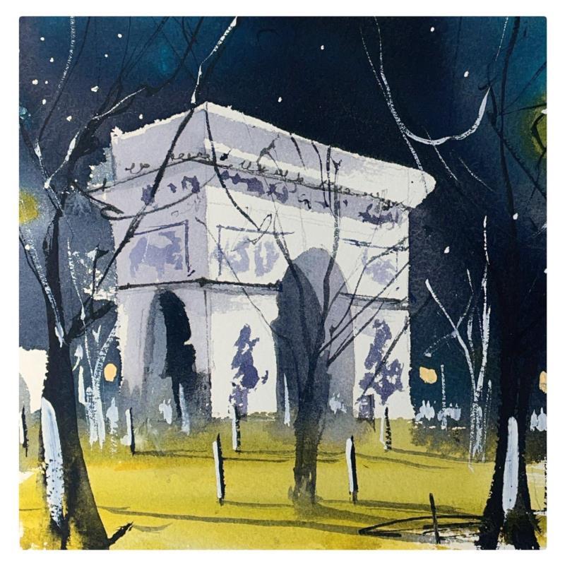 Peinture Nuit sur l’Arc de Triomphe par Bailly Kévin  | Tableau Figuratif Urbain Architecture Aquarelle Encre