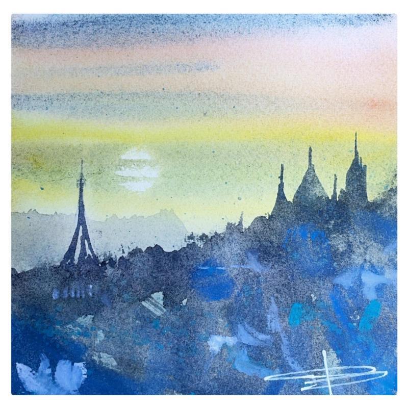 Painting Skyline parisienne by Bailly Kévin  | Painting Figurative Urban Architecture Watercolor Ink