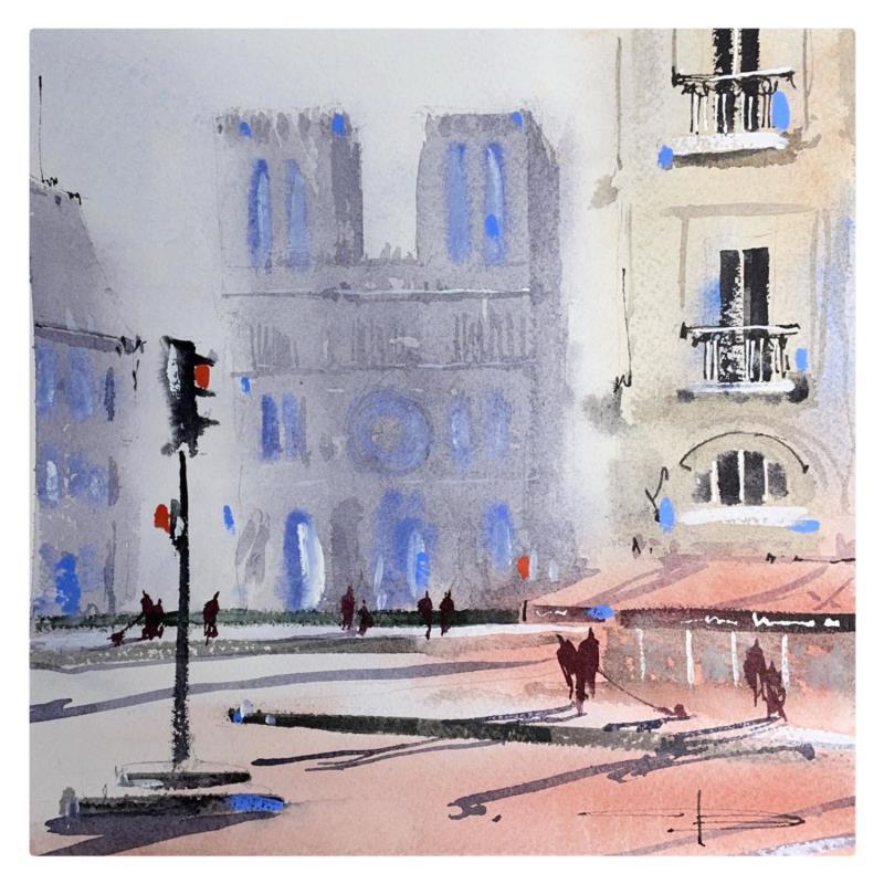 Painting Saint-Michel Notre-Dame by Bailly Kévin  | Painting Figurative Urban Architecture Watercolor Ink