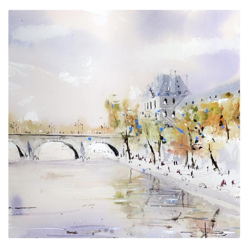 Painting Vue sur les quais de Seine by Bailly Kévin  | Painting Figurative Ink, Watercolor Architecture, Urban