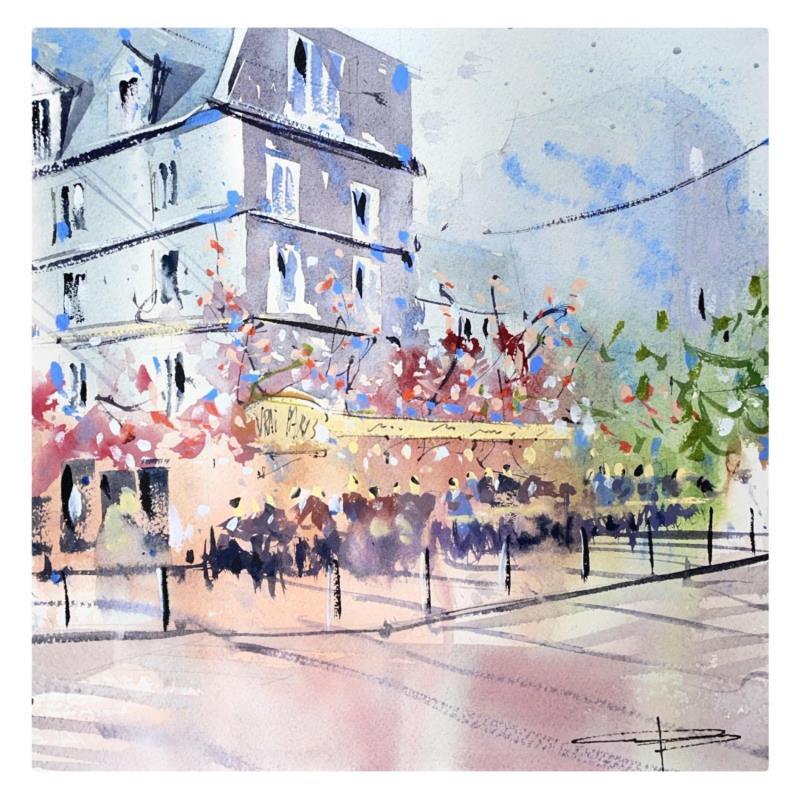 Painting Café le vrai Paris Montmartre by Bailly Kévin  | Painting Figurative Ink, Watercolor Architecture, Urban