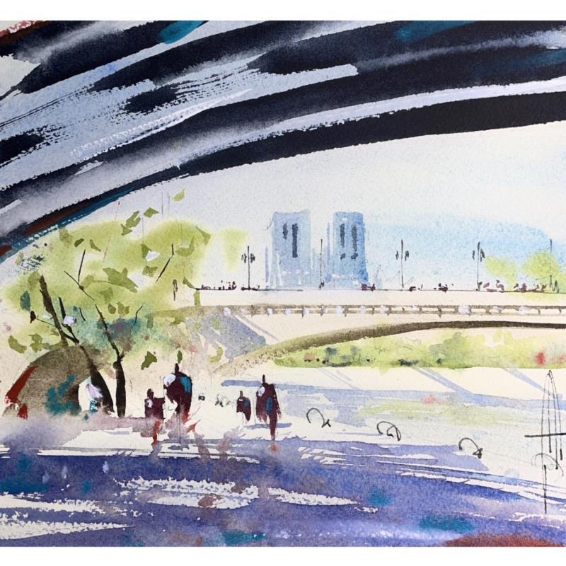 Peinture Sous les ponts de Paris par Bailly Kévin  | Tableau Figuratif Urbain Architecture Aquarelle Encre