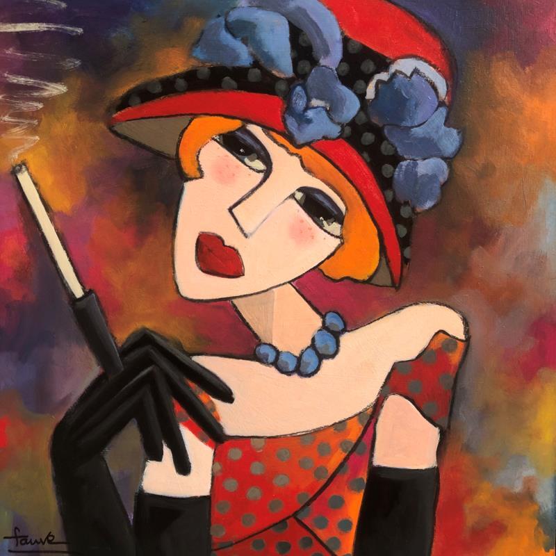 Gemälde Femme au chapeau à fleurs  von Fauve | Gemälde Figurativ Porträt Alltagsszenen Acryl