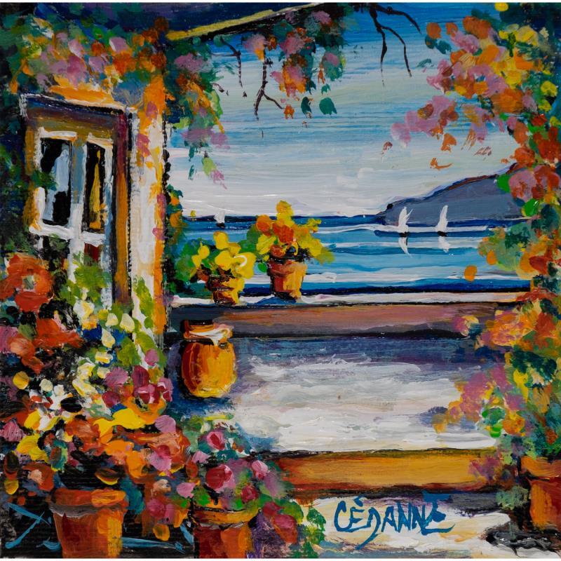 Peinture Vue sur la mer depuis la terrasse fleurie par Cédanne | Tableau Figuratif Paysages Marine Huile Acrylique