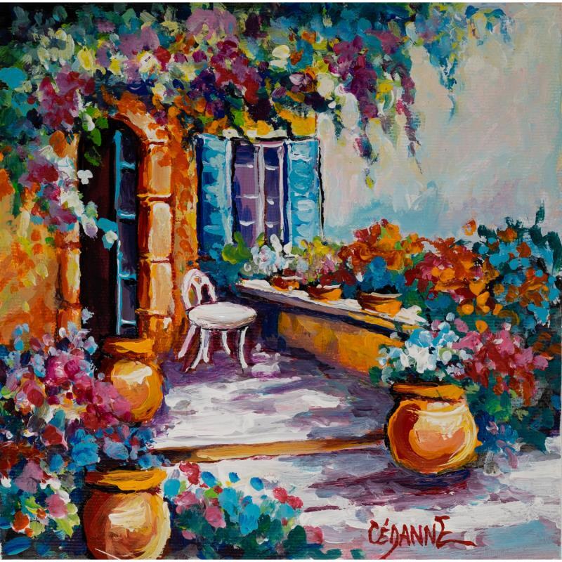 Painting Sur la terrasse fleurie by Cédanne | Painting Figurative Acrylic, Oil Landscapes, Life style, Pop icons, Urban