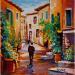 Painting Promenade dans la rue fleurie du village by Cédanne | Painting Figurative Landscapes Urban Life style Oil Acrylic