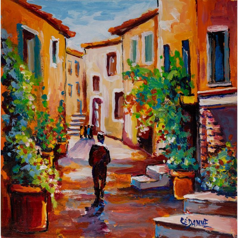 Gemälde Promenade dans la rue fleurie du village von Cédanne | Gemälde Figurativ Acryl, Öl Alltagsszenen, Landschaften, Pop-Ikonen, Urban