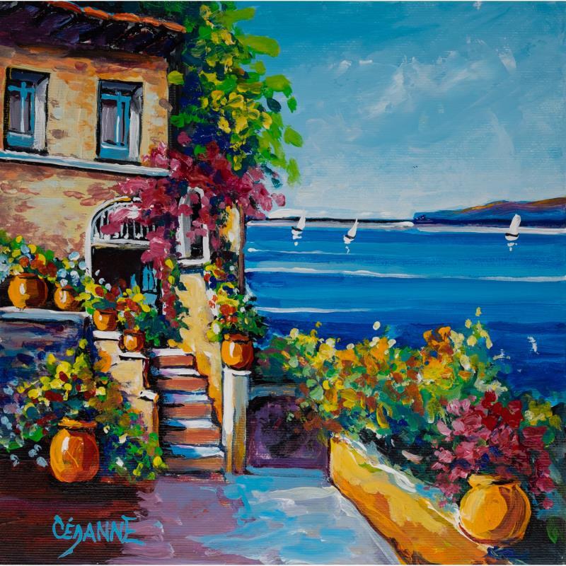 Peinture Terrasse d'une villa en bord de mer par Cédanne | Tableau Figuratif Paysages Marine Scènes de vie Huile Acrylique