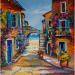 Peinture Passerelle dans la vieille ruelle fleurie par Cédanne | Tableau Figuratif Paysages Marine Scènes de vie Huile Acrylique