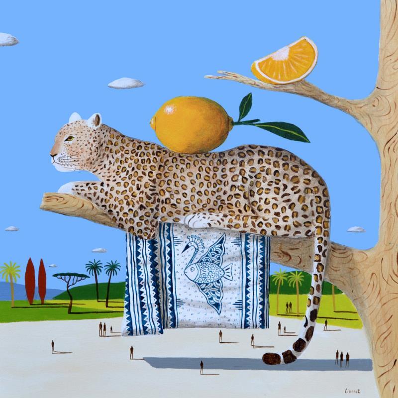 Gemälde Léopard aux citrons von Lionnet Pascal | Gemälde Surrealismus Alltagsszenen Tiere Stillleben Acryl