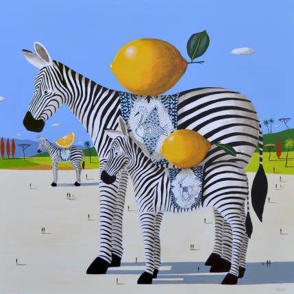 Peinture Zèbres aux citrons par Lionnet Pascal | Tableau Surréalisme Acrylique Animaux, Natures mortes, Paysages
