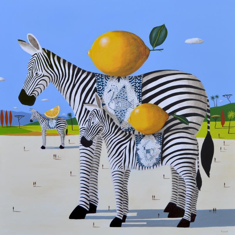 Gemälde Zèbres aux citrons von Lionnet Pascal | Gemälde Surrealismus Landschaften Tiere Stillleben Acryl