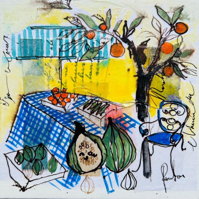 Painting Le marché en provence by Colombo Cécile | Painting Naive art Landscapes Watercolor Acrylic Gluing Ink Pastel