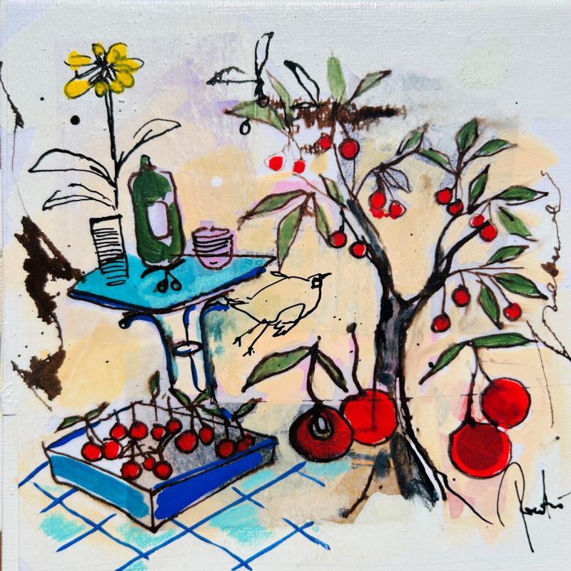 Painting Cherry by Colombo Cécile | Painting Naive art Acrylic, Gluing, Ink, Pastel, Watercolor Life style, Nature, Still-life