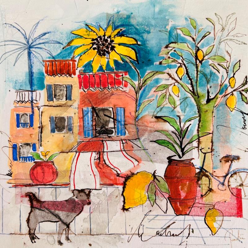 Painting Sous les tournesols by Colombo Cécile | Painting Naive art Acrylic, Gluing, Ink, Pastel, Watercolor Landscapes, Life style, Nature