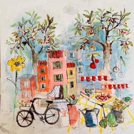 Gemälde A bicyclette sous le cerisier von Colombo Cécile | Gemälde Naive Kunst Acryl, Aquarell, Collage, Pastell, Tinte Alltagsszenen, Landschaften, Natur