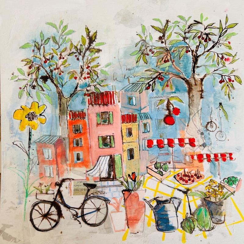 Peinture A bicyclette sous le cerisier par Colombo Cécile | Tableau Art naïf Paysages Nature Scènes de vie Aquarelle Acrylique Collage Encre Pastel