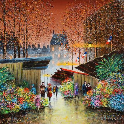Peinture Le marché au fleur d'automne de la Madeleine par Dessapt Elika | Tableau Impressionnisme Acrylique, Sable