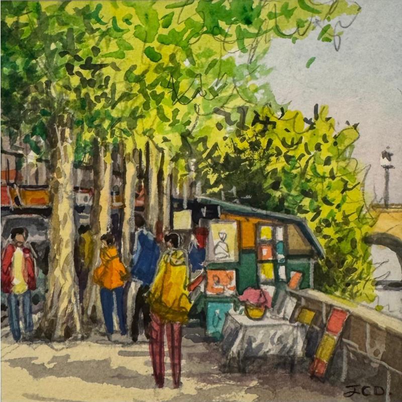 Gemälde Bouquinistes des quais avant le Pont-Neuf von Decoudun Jean charles | Gemälde Figurativ Urban Aquarell