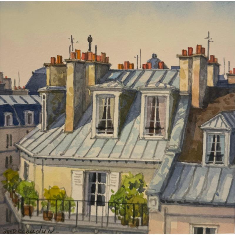 Gemälde Toits de Paris le matin von Decoudun Jean charles | Gemälde Figurativ Urban Aquarell