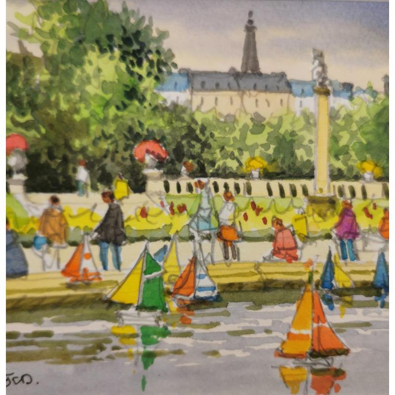 Peinture Paris Luxembourg, bateaux et Tour Eiffel par Decoudun Jean charles | Tableau Figuratif Urbain Aquarelle