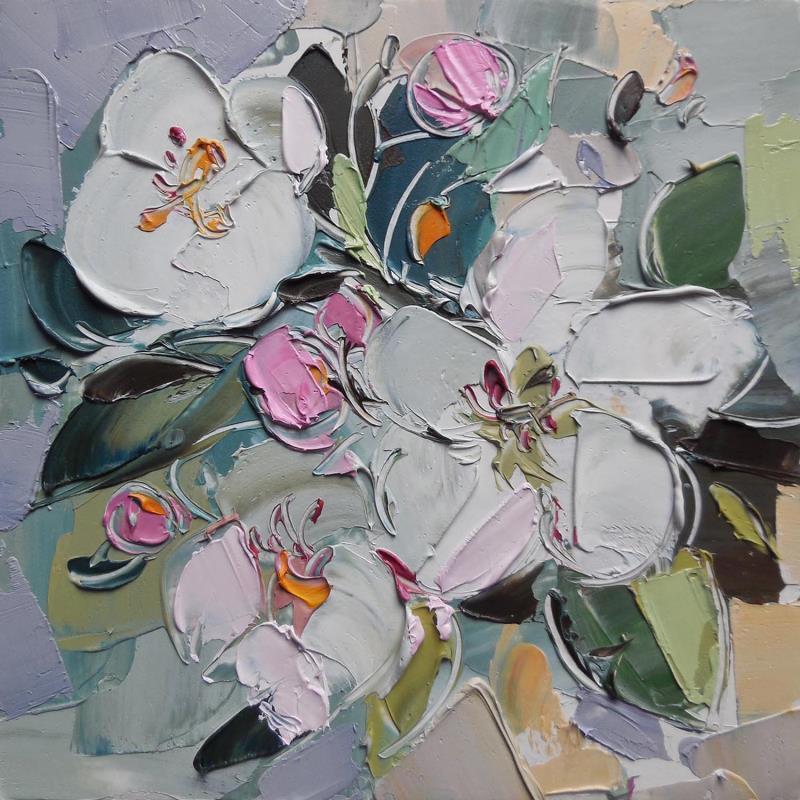Painting Flowering branch by Lunetskaya Elena | Painting Figurative Cardboard, Oil Landscapes, Minimalist, Nature