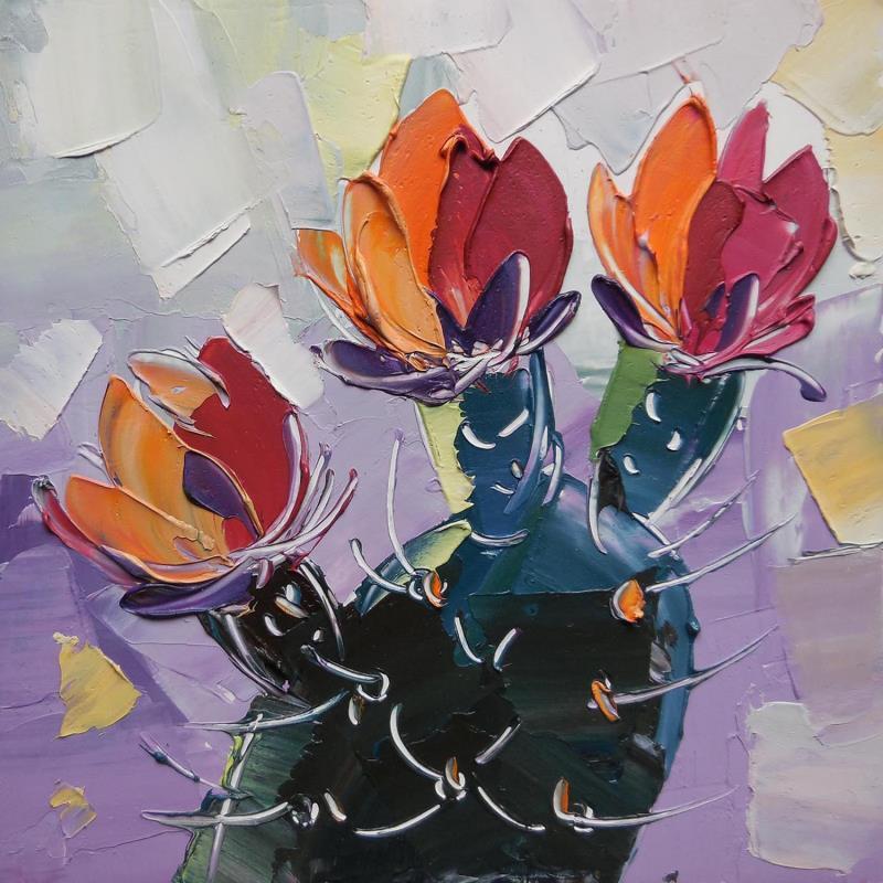 Painting Red cactus flowers by Lunetskaya Elena | Painting Figurative Landscapes Nature Minimalist Cardboard Oil