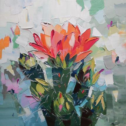 Peinture Red Prickly Pear Cactus Flowers par Lunetskaya Elena | Tableau Figuratif Huile Nature, Paysages