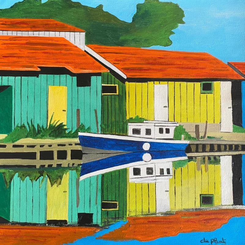 Peinture Les cabanes et le bateau par Du Planty Anne | Tableau Figuratif Marine Architecture Acrylique
